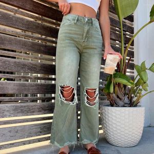 Jeans da donna Pantaloni in denim elastici per abbigliamento autunnale Vita alta vintage strappati svasati con tasche applicate con cerniera da donna