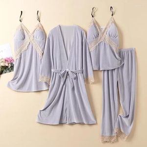 Womens Sleepwear Winter Autumn Women Piece Velvet Robe Four Lingerie Bathrobe Pajamas Pijamas Suit Velour Sleep Set Nightgown Lace