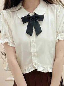 Blusas femininas kawaii doce lolita estilo feminino japonês jk camisas brancas meninas bonito babados manga curta sopro botão superior até camisa na moda