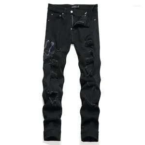 Jeans masculinos Men Ripped calça jeans Snake Borderyer Streetwear Slim Fit Hip Hop Straight Troushers Punk Stretch Clothing