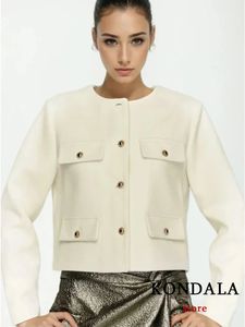 KONDALA Vintage Weiße Kurze Blazer Frauen Langarm Taschen Gold Tasten Jacken Mode Dicke Warme Weibliche Blazer Outwears 240118