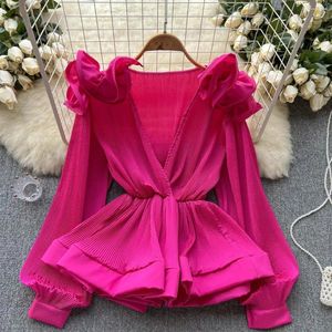 Женские блузки, европейская модная блузка, рубашки с v-образным вырезом, женская рубашка с 3D цветком, складной топ, женский повседневный топ с длинными пышными рукавами, Blusas Drop