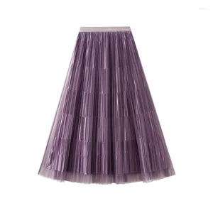 Gonne Gonna lunga in tulle a pieghe maxi per donna Primavera Estate Velluto double face Donna Vintage Tinta unita A-line Viola