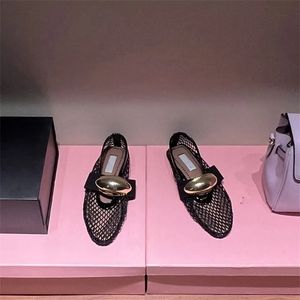 Designer Women Flats Shoes Out Mesh Sandal Mary Leather Jane Shoes Loafers Round Head Rhinestone Buckle