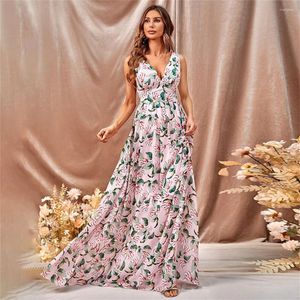 Ethnic Clothing Elegant Beach Chiffon Floral Print Long Dress Women 2024 Summer V-Neck Sleeveless High Waist Party Maxi Evening Wedding