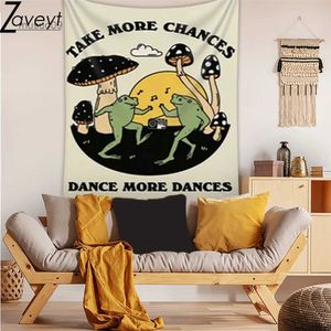 Arazzi Cartoon Dancing Frog Fungo Stampa arazzo Prendi più possibilitàballa più danze Lettera Panno da parete Anni '70 Anni '80 Disco Hippie