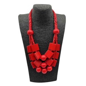 Collane con ciondolo Boho Collane geometriche rosse in legno per donna Perline lunghe in legno Collana con ciondolo Collana con perline Gioielli etnici fatti a mano