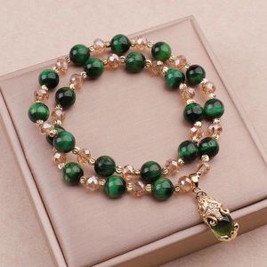 Charme pulseiras vintage estilo étnico pulseira de cristal para homem e mulheres verde tigre olho pedra grânulos jóias dupla camada mão acessórios