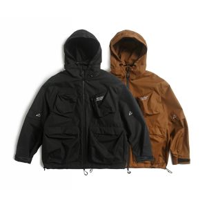 ポケットジッパーフード付きジャケットメンズライトブラウンブラックコートスプリングと秋のゆるい機能的なアウトウェア