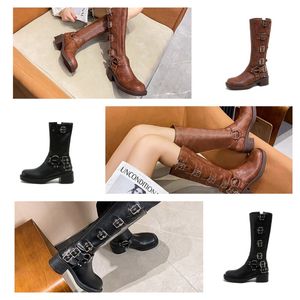 High heeled Western boots winter Coarse heel women designer shoes Boot leather zipper letter Lace up Fashion lady Heels size 35-42