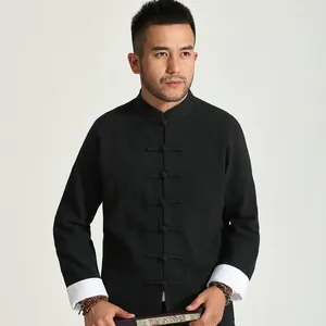 Mäns jackor 2024 Spring Men Relax Linen Coat Navy Blue Grey Black Mandarin Collar White Cuff Design Tangzhuang Outfits Zen kläder