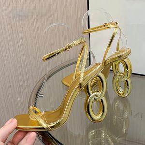 Gold Open Heel Sandals for Women's 2024 Summer Fashion Fretwork High Heel Shoes Buckle Wedding Party Pump Sling High Heel Shoes 240123