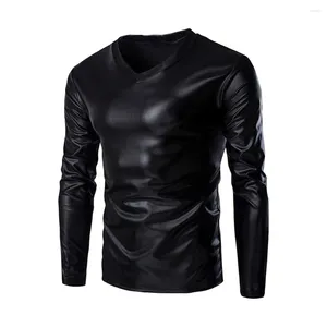 Men's T Shirts Mens Shiny Patent Leather Shirt Metallic V Neck Long Sleeve Fitness Tshirt Spring Autumn Night Party Clubwear Sexy Vintage