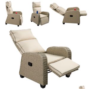 Conjuntos de jardim Cadeira reclinável ao ar livre Pátio Rattan Reclining Lounge Chaise com almofada macia Encosto ajustável de 170 graus e apoio para os pés Dh4Gw