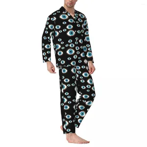 Herren-Nachtwäsche „Evil Eye Blow“-Pyjama-Set, Herbst, abstrakte Kunst, niedlich, weich, für Zuhause, Paar, 2-teilig, Retro-Übergröße, grafische Nachtwäsche, Geschenk