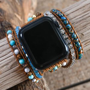 Bracelets Stylish Natural Stone Apple Watch Band Beads Boho 5X Wrap Vegan Rope Watch Strap Wristband Woman Bracelet Accessories Dropship