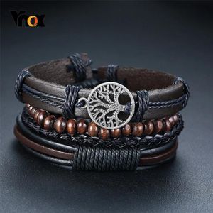 Jóias Vnox 4 pçs/set Envoltório Trançado Pulseiras De Couro para Homens Da Vida Do Vintage Árvore Leme Charme Contas De Madeira Pulseiras Tribais Étnicas