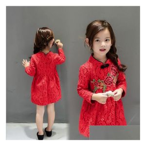 In magazzino Abiti da ragazza di fiori Abito in stile cinese Anno Vestiti per neonate Carino ricamo rosso Bambini Principessa floreale Abbigliamento per bambini Dhnn1