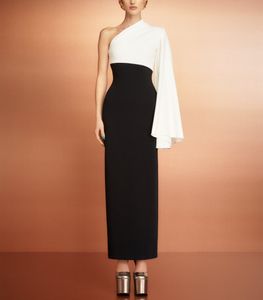 Elegant Long Black&Ivory Prom Dresses With Slit Sheath One Shoulder Crepe Ankle Length Ruffled Party Dress Maxi Formal Evening Dresses for Women