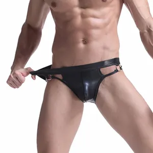 Underpants Men's Sexy Elastic PU Leather Hollow Out Underwear Jock Strap Briefs Thong G-String Pouch Bulge Iron Ring Male Panties