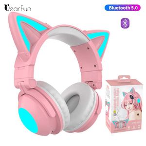 ヘッドセットかわいいワイヤレスヘッドフォンBluetooth RGB Girls Kid Gift Headset Stereo with Microphone Music ControlライトキャットイヤーゲームイヤホンJ240123