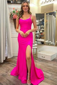 Stunning Fuchsia Long Prom Party Gown with Slit Trumpet Evening Dresses Lace up A Line Evening Dress