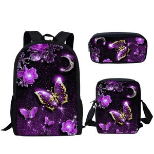 Sacos Belidome Roxo Borboleta Lua Impressão 3 Pcs Sacos Escolares para Meninas Adolescentes Mochila de Viagem para Mulheres Mochila Casual Mochila Infantil