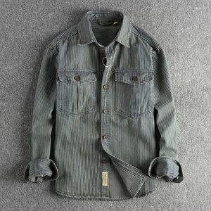 Men's Casual Shirts Yarn-dyed Striped Fabric Washed To Make Old Vintage Cargo Denim Shirt For Men European And American Fashion Coat