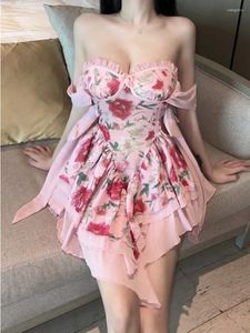 Casual Dresses WOMENGAGA Feminine V-neck Low Cut Floral Lace Slim Strapless Short Dress Elegant Sweet Korean Women Fairy H6QB