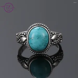 Cluster Rings Oval Natural Turquoise For Men Women S925 Sterling Silver Ring Jewelry Wedding Birthday Gifts