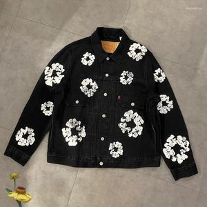 Herrjackor överdimensionerade vintage gata färdiga tårar rockar kapok full tryck svart lapel cardigan toppar denim män kvinnor