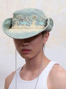 Basker borstade gulblå gradient broderi hink hatt kan böjas cowboy