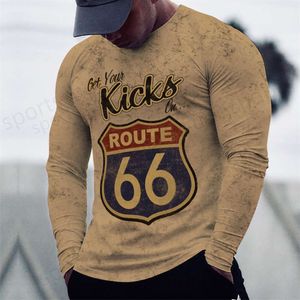 Men's 3D T-Shirts Men's T-Shirts T-shirts Long Sleeve 3d Print Top Casual Cotton Vintage T Shirt Route 66 Tee Loose Sports O-neck Clothing 5xl 230317