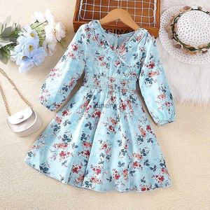 Vestidos da menina menina criança céu azul floral com decote em v vestido de manga longa primavera vestido de princesa diário casual férias férias bonito vestido de impressão floral