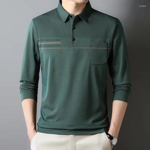 Herrpolos 2024 Spring och Autumn Pullover Collar Solid Button Pocket Stripe Långärmad t-shirt Fashion Casual Vintage Polo Tops