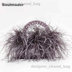 Shoulder Bags Pearl beaded evening bag Ostrich feather fur designer Clear Acrylic crystal stone box tote handbag women handmade party purse T240123