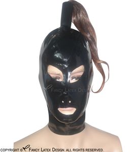 Schwarze sexy Latexhauben mit Pferdeschwanzschlauch ohne Perücken, Reißverschluss hinten, offener Mund, Augen, Nase, Pferdeschwanz, Gummimasken in Übergröße 00046688314