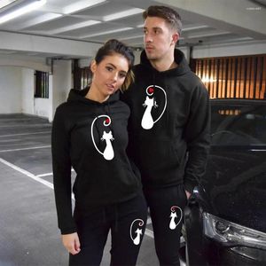 Erkekler Trailtsits Çift Hoodie Kitten Baskı Seti Lover Kış ve Sweetpants 2 Parça Giyim Sıradan Spor Erkek Kadın Spor giyim