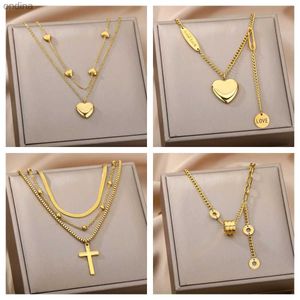 Pendant Necklaces Double Layer Hollow Clavicle Chain Stainless Steel Necklace For Women Punk Hip-Hop Streetwear Jewelry Dropshipping YQ240124