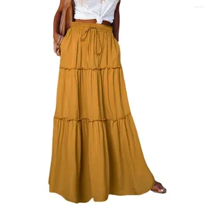 Skirts Women High Waist Maxi Skirt Self-tie Elastic Ruffle Long AM5204