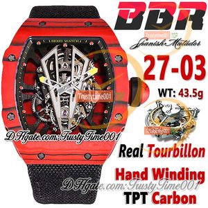 BBR 27-03 Real Tourbillon Hand Winding Mens 시계 레드 블랙 NTPT 석영 탄소 섬유 케이스 스켈레톤 다이얼 검은 나일론 스트랩 슈퍼 에디션 스포츠 TrustyTime001 시계