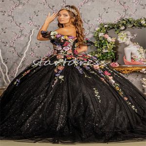 Funkelndes mexikanisches schwarzes Quinceanera-Kleid Charro 2024 Vestido De Xv Debutante Shine Sixteen Birthday Party Dresses 3D-Blumen-Abschlussballkleid Para Debutante Rode De Mariage