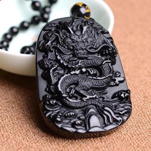 Pendants KYSZDL Drop Shipping beautiful Chinese Handwork Black Obsidian Carved Dragon Amulet Lucky pendant necklace men and women jewelry