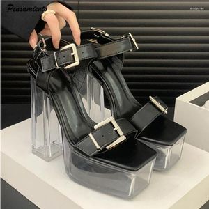 Sandalen mit kristallklarem Absatz für Damen, bequeme Plattform, Keilabsatz, Leder, Gürtelschnalle, Gladiator, Sommer, klobige Partyschuhe