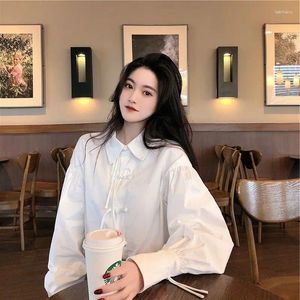 Blusas femininas blusa vintage harajuku estilo chinês camisa kawaii preppy oversized branco manga longa topo all-match moda coreana