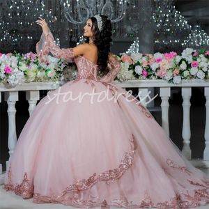 Princess Pink Quinceanera Dresses With Sleeves Sweetheart Ball Gown Sequin Fifteen Birthday Party Dress Vestidos De xv Anos 2024 Vestidos Debutante Prom Dress