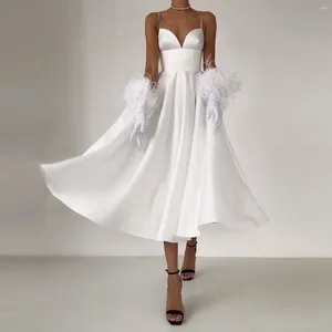 Abiti casual Spaghetti Starp Sweetheart Abito in raso bianco Volant lunghi Seta Prom Elegante Cerniera Damigella d'onore Abito da donna di qualsiasi colore