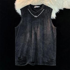Men's Tank Tops Vintage Tanks Cotton Black Sleeveless Washed T Shirts Hip Hop Streetwear Casual Vest Male Breathable Loose