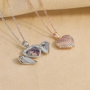 Necklaces Personalized with Your Photos Heart Locket Necklace for Women Rose Gold/Goldtone Engraved Message Custom Wing Memory Rhinestone