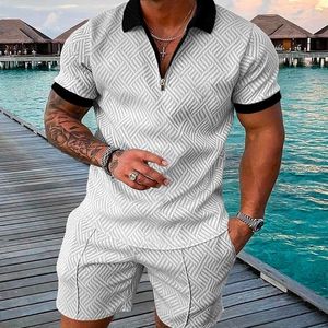 Fatos masculinos estilo de negócios camisa polo define homens cor sólida v pescoço zíper manga curta shorts duas peças homem terno vintage